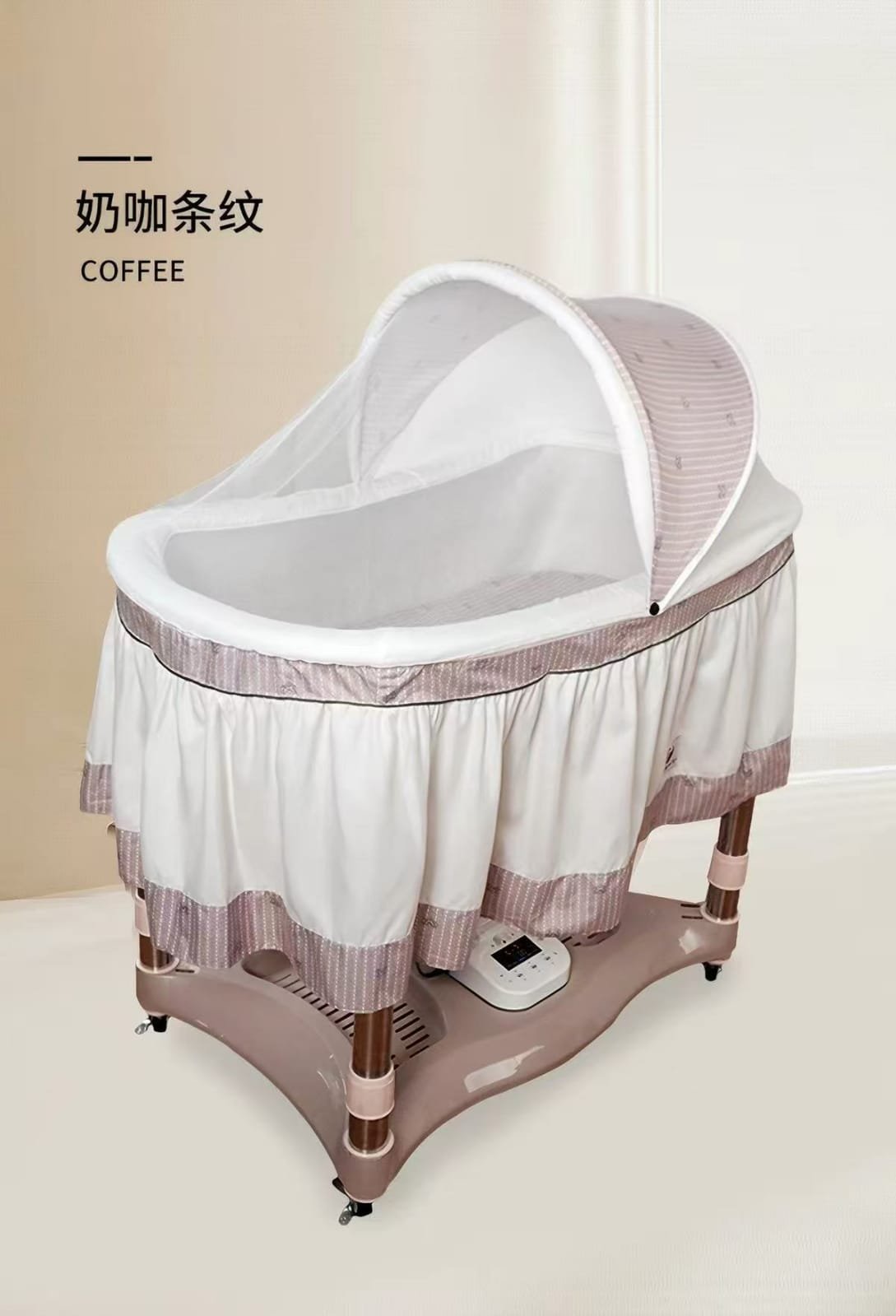 CozyNest COFFEE - Electric Auto Swing Baby Bassinet Cradle with Mosquito Net & Music | Luxury Oval Rocking Crib with Wheels