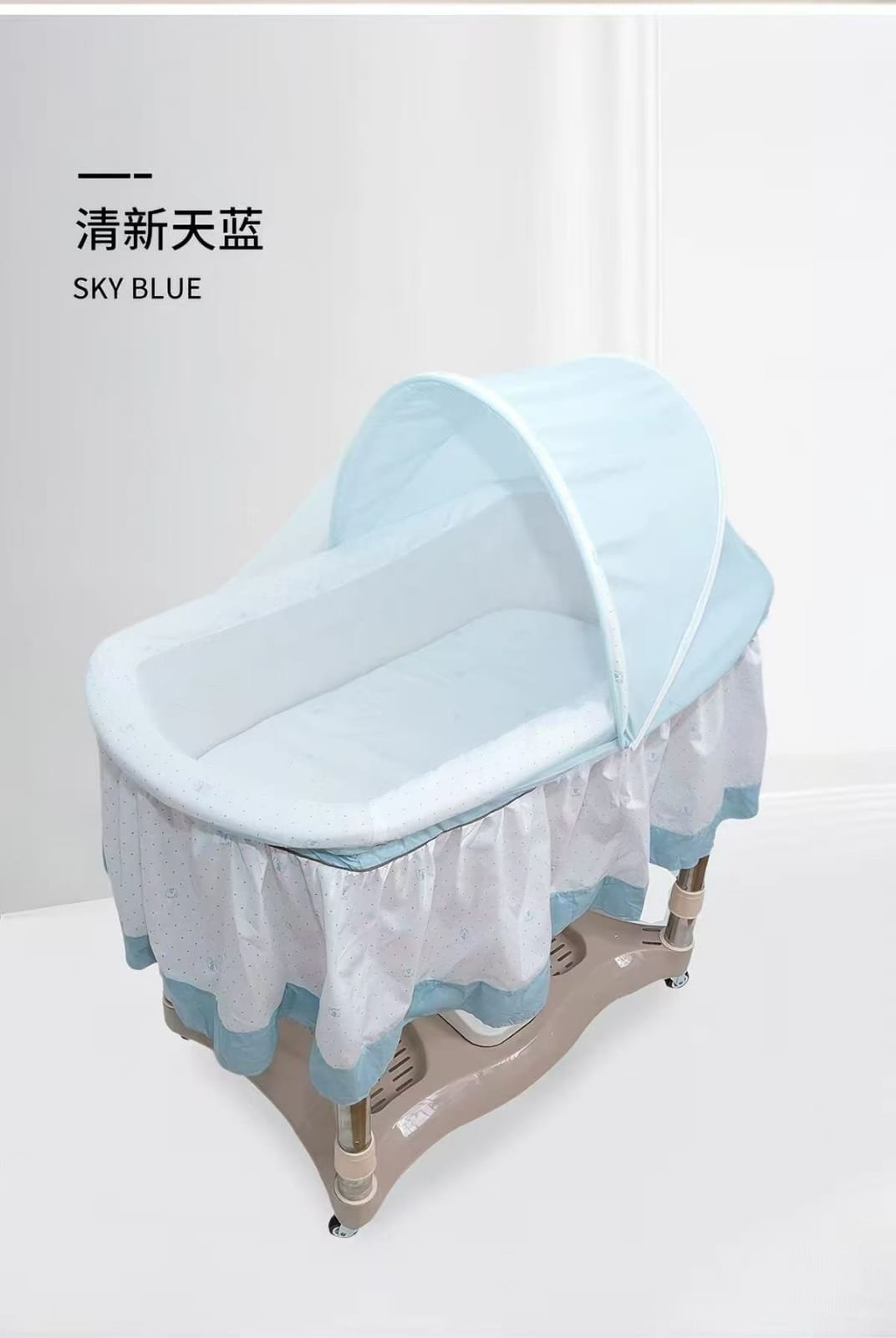 SKY BLUE - Electric Auto Swing Baby Bassinet Cradle with Mosquito Net | Luxury Oval Rocking Crib with Wheels & Storage